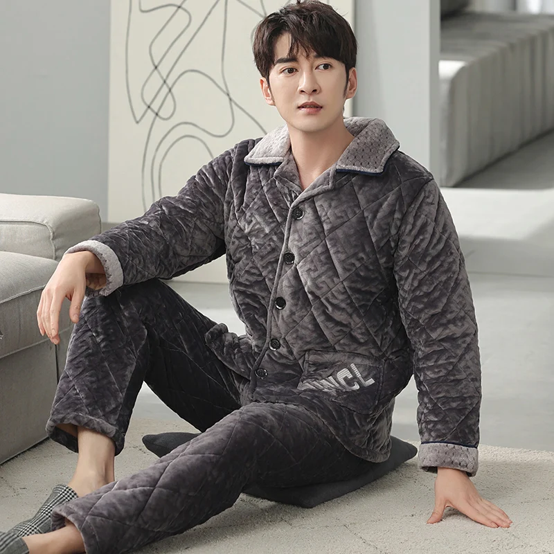 

Winter Thick Warm Men Three Layer Clip CottonPajamas Set Casual Comfortable Soft Men's Sleepwear Long Sleeve Male Homewear