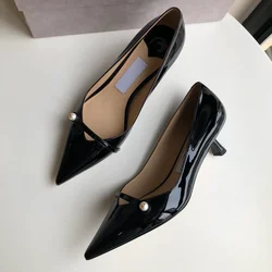 Imported Cow Patent Leather Pearl Inlaid Genuine Leather Women Shoes