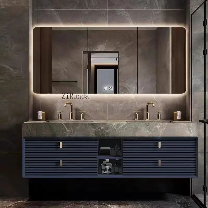 Современный легкий роскошный шкаф для ванной комнаты с двойной раковиной, встроенный шиферный умывальник, лакированная дверная панель