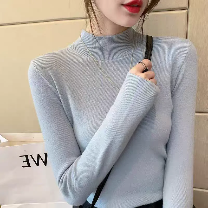 Damskie bluzki z długim rękawem na jesień i zimę, golfy damskie, dzianinowe bluzki, dopasowane, wyszczuplające ubrania dzianinowe.