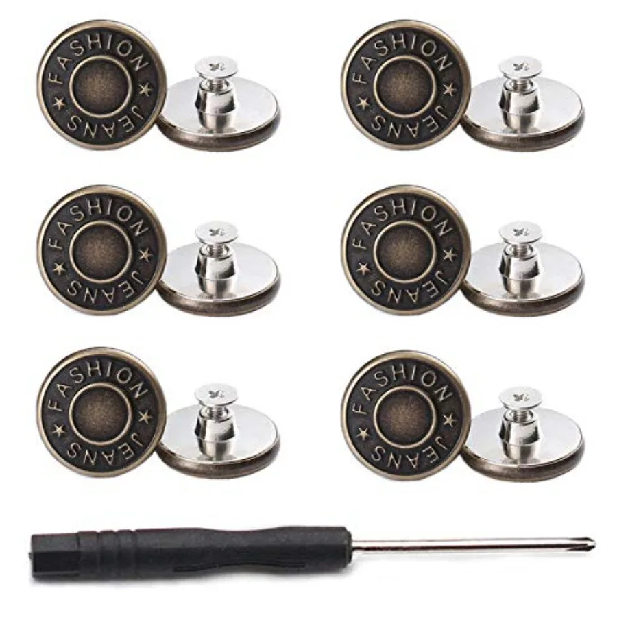 17mm No Sewing Jeans Buttons Replacement Kit, 12 Sets, 0.67 inch Metal Base, Nailess Removable, Thread Rivets and Screwdrivers
