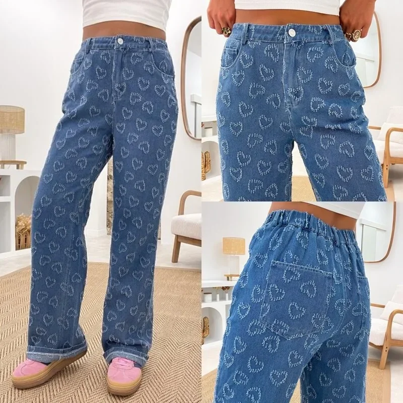 Women Jeans Straight Pants 2025 Streetwear High Waist Heart Hook Flower Button Pockets Washed Distressed Vintage Trousers Denims