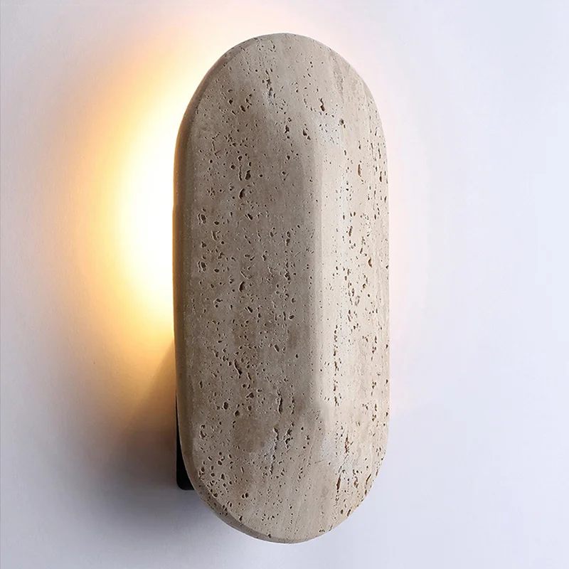 Wabi‑Sabi Oval Travertine Wall Light  Natural Porous Stone Handcrafted Wall Sconce  Gentle Warm Backlit Lamp for Corridor Bedroo