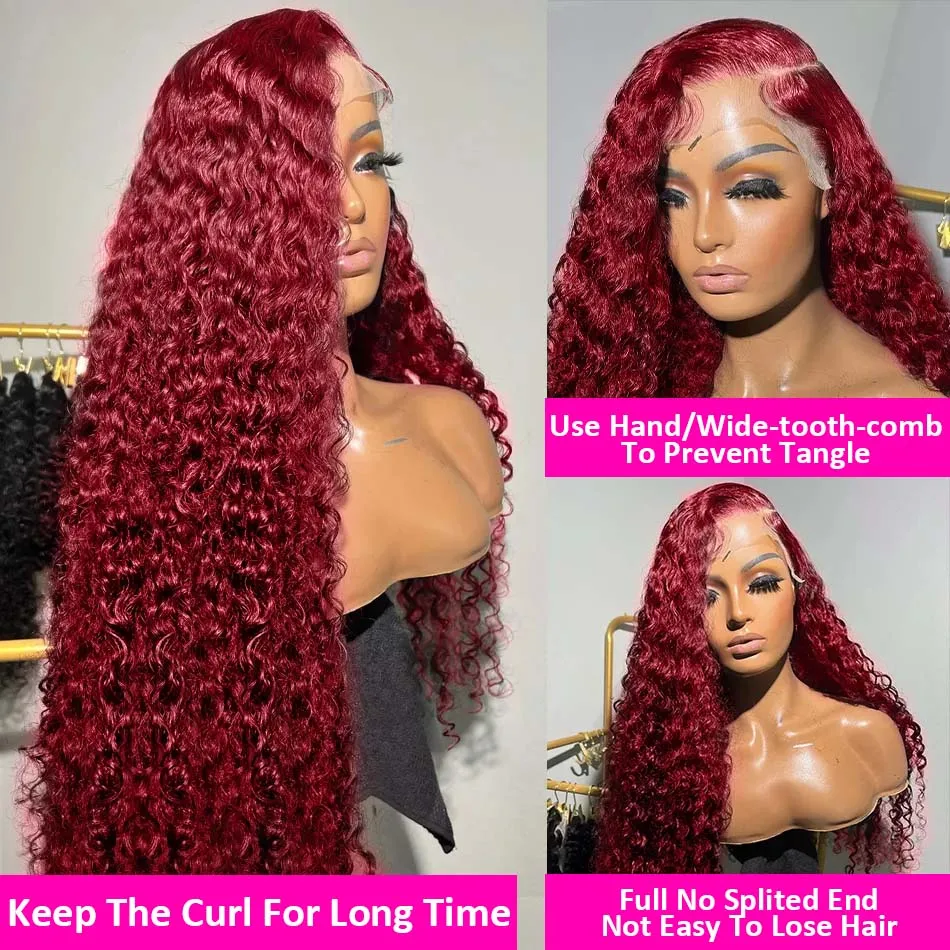 99J Burgundy Water Wave 13x6 Lace Frontal Wig For Women 13x4 HD Transparent Curly Human Hair Wigs PrePlucked Remy Hair 30 34Inch