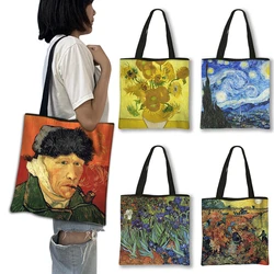 Oil Painting By Van Gogh Sunflower Print Shoulder Bag Women Starry Night / Irises Shopping Bags Eco Shopper Gocery Handbag Gift