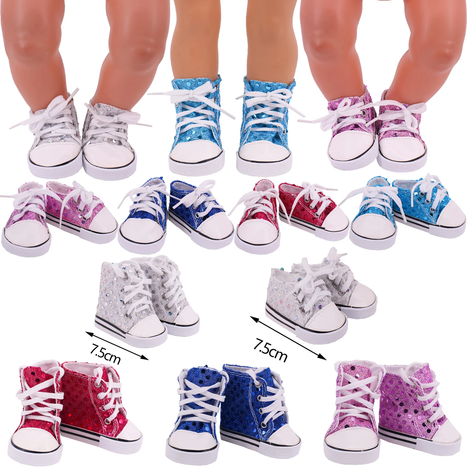 7.5Cm Length Doll Shoes Sequin Canvas Lace-up Shoes Fit 18 inch American Doll 43 Cm Baby Generation Girls,Reborn Baby Dolls Gift