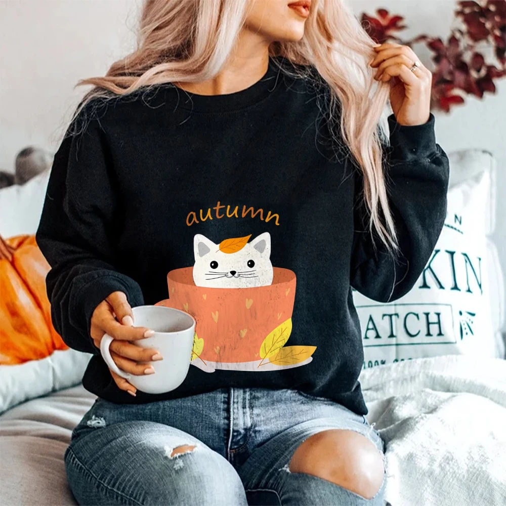 Y2K Oversized Sweatshirts Met Kat In Cup Grafische Herfst Hoodies Street Fashion Dames Trui Casual Loose Fit Neutrale Kleding