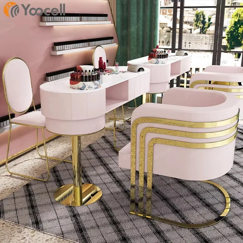 Pink Nail Table Gold Manicure Station Beauty Salon Nail bar Manicure Table