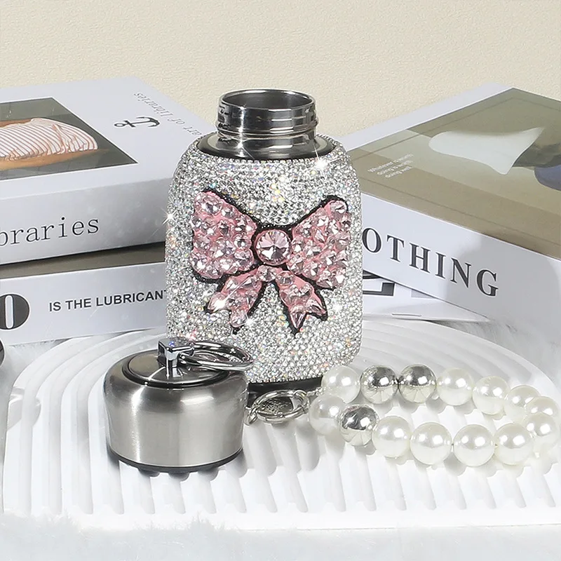 Diamond Studded Bow Insulated Cup,Creative Stainless Steel Water Cup, Outdoor Compact and Portable Car Belly Cup, Luxurious Gift