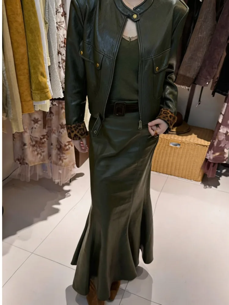 IG Women 2‑Piece Outfit Cropped Zip Jacket With Leopard Cuff Decor + High Waist Mermaid Long Skirt, Fashion Suit For Fall Winter view 2