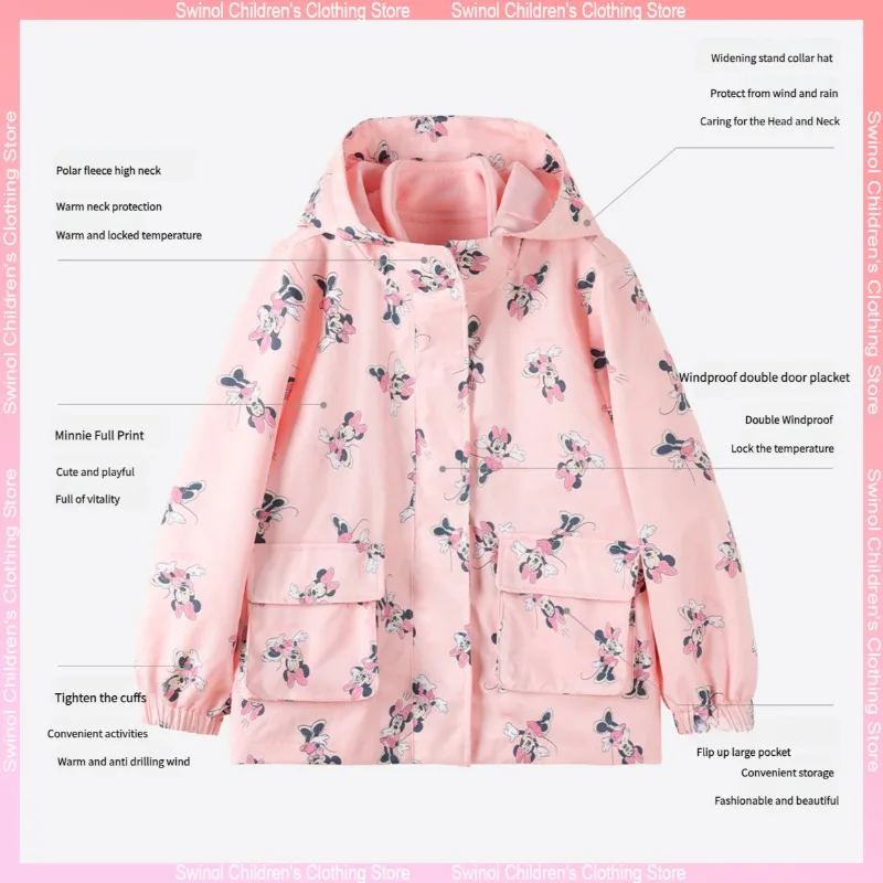 Disney Minnie Thermal Hardshell Two-piece Pink Polar Fleece Lined Windproof Printed Coat Girls Autumn Winter Jacket Kid Clothing