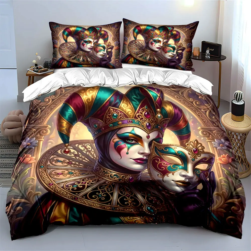 Gothic Elegant Jester with Mask Print Bedding Set 1 Duvet Cover 2 Pillowcases for Adult and Children Luxury Gift Full Size