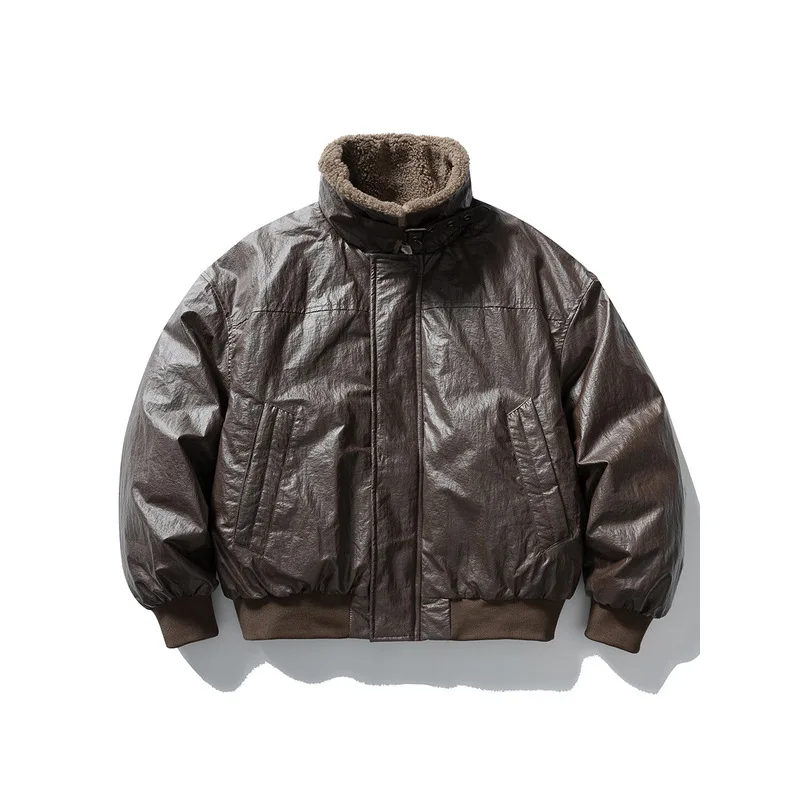 QICHE American Vintage Waxed Leather Jacket Men Sherpa Stand Collar Down Coat Biker Warm Outerwear