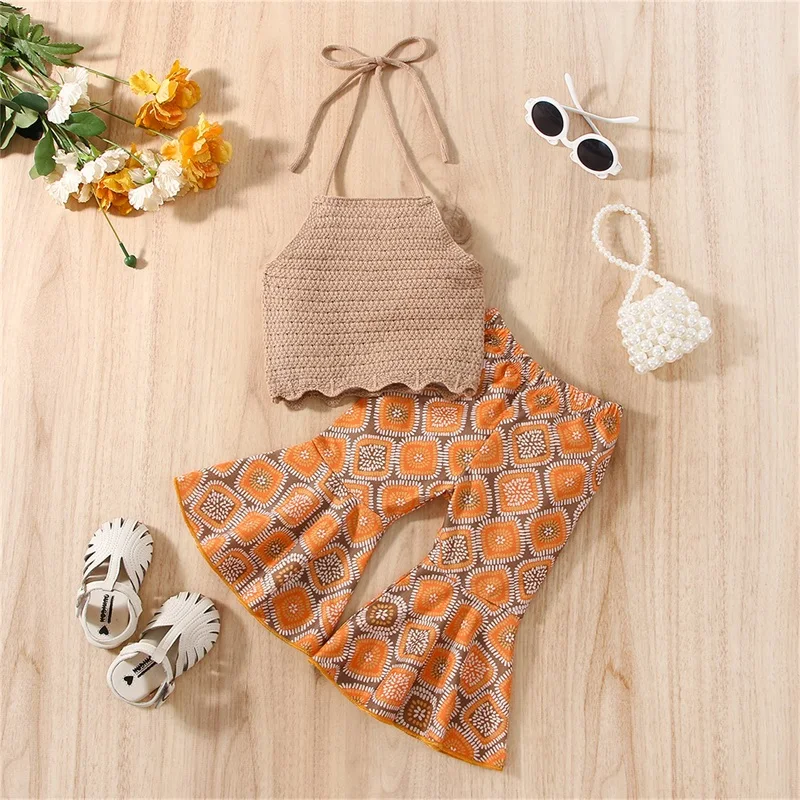 Infant Baby Girls Summer Casual Outerwear Clothing Children Sleeveless Knitted Tank Tops Geometric Print Flared Pants Set