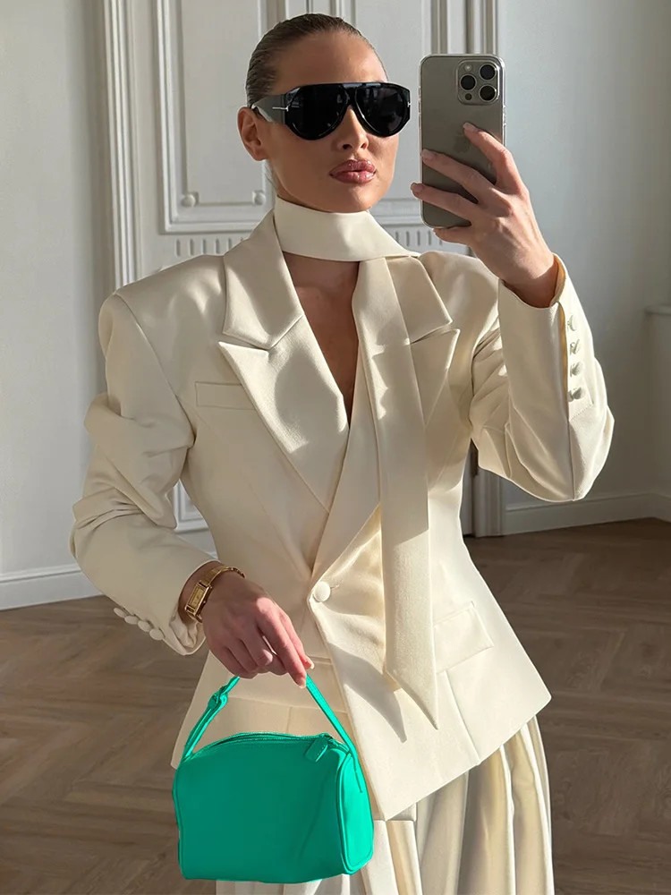 

Trendix Solid Slim Elegant Jacket Women's 2025 Autumn Lace Up Patchwork Long Sleeve Bodycon Blazer Femme Office Commuter Coats