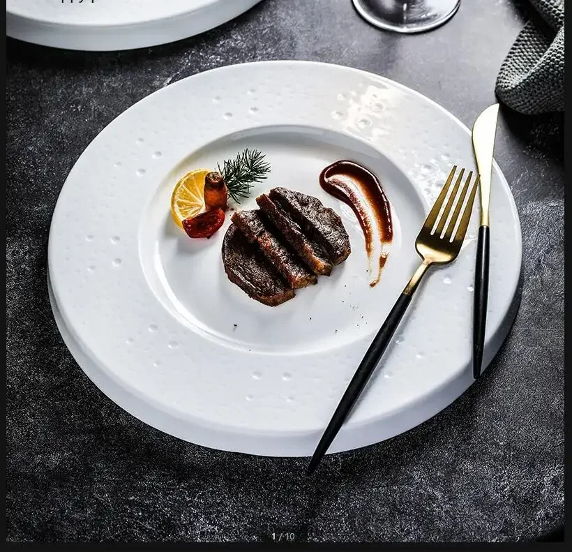 

Plain White Flat Plate Round Ceramic Dinner Plate Western Steak Plates Tableware Pasta Plates Dessert Bowl Fruit Tray Sushi Dish