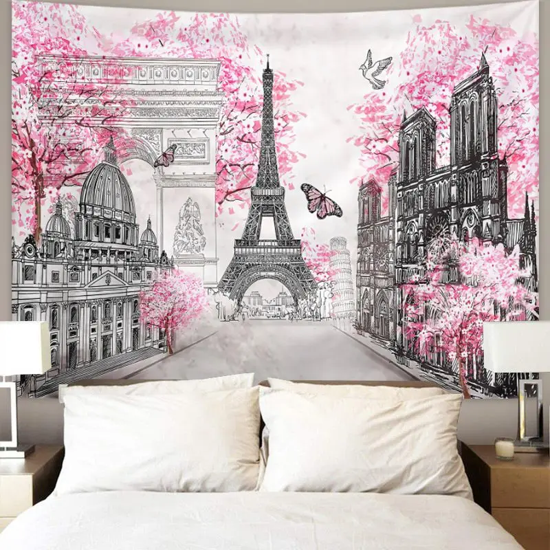 VIKAMA Paris Cityscape Tapestry Cherry Blossom Line Art Europe Landmark Romantic Pink Butterfly Wall Hanging Vintage Home Decor
