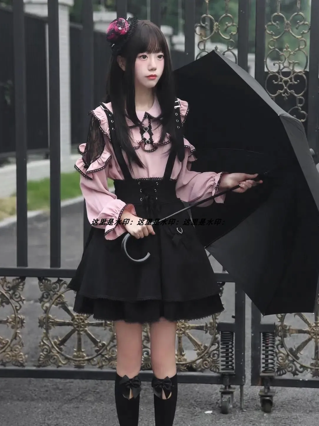 Jirai Kei Fashion Japanese Lolita Pink Long Sleeve Shirt Lace Bowknot Black Overall Dress Cute Kawaii Daily Landmine Style