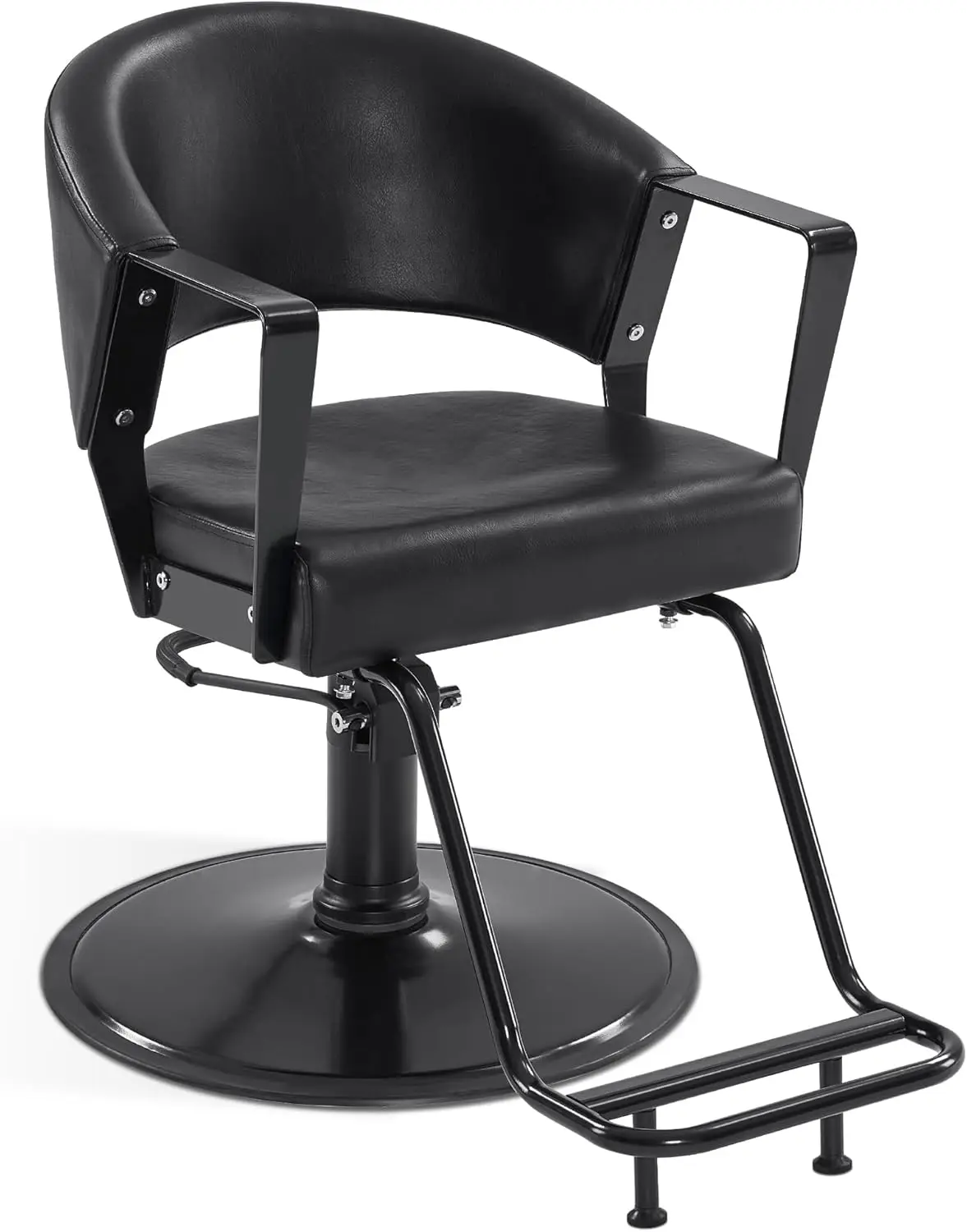 Barberpub Hydraulic Salon Chair, 360° Swivel Classic Modern Hair Styling Barber Chair, All Black Curved Wooden Hair Cutting