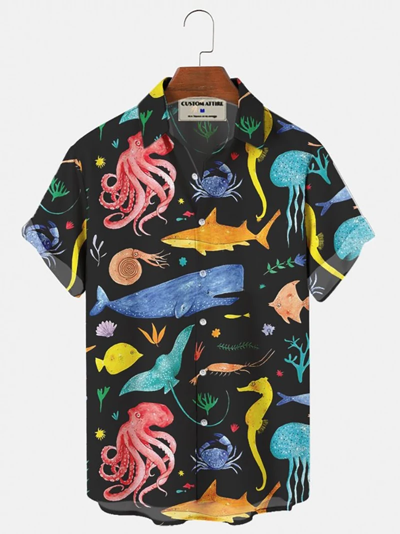 Fashionable summer turtle print shirts Hawaiian button shirts Men\'s summer beach short sleeved shirts Casual men\'s lapel shirts