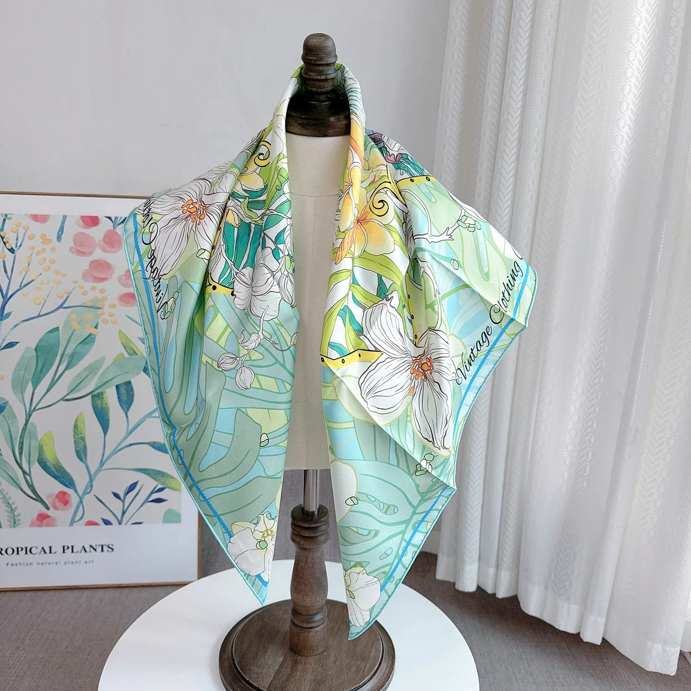 Bufanda verde claro 90/90 diseño de lujo para mujer bufanda de cuello rizado a mano Hijab pañuelo para la cabeza chal con estampado de flores 100 Pro seda