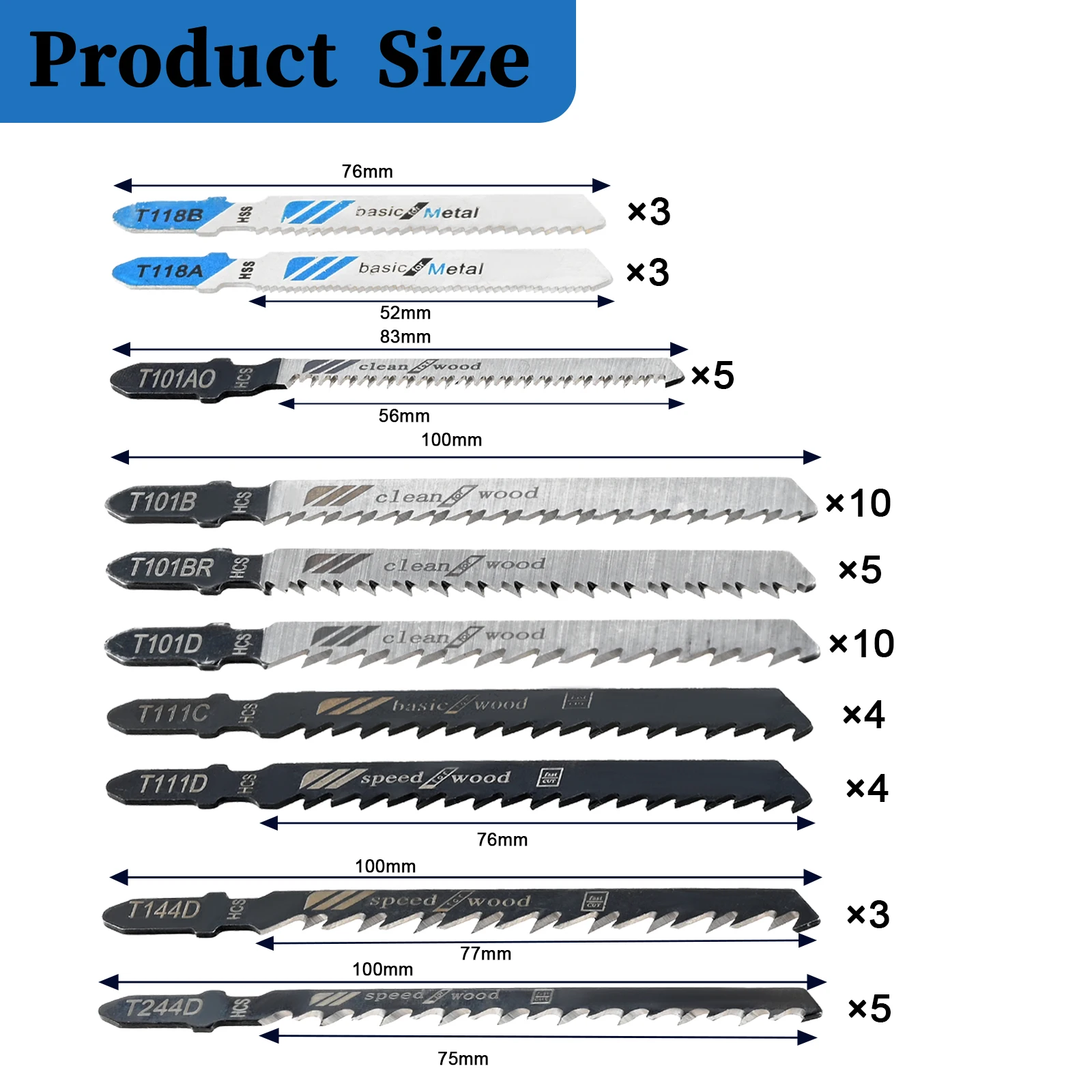 52PCS T 생크 직소 블레이드 세트 목재 플라스틱 금속 절단 도구 T118A T118B,T101AO,T101B,T101BR,T101D,T111C,T11D,T144D,T244D