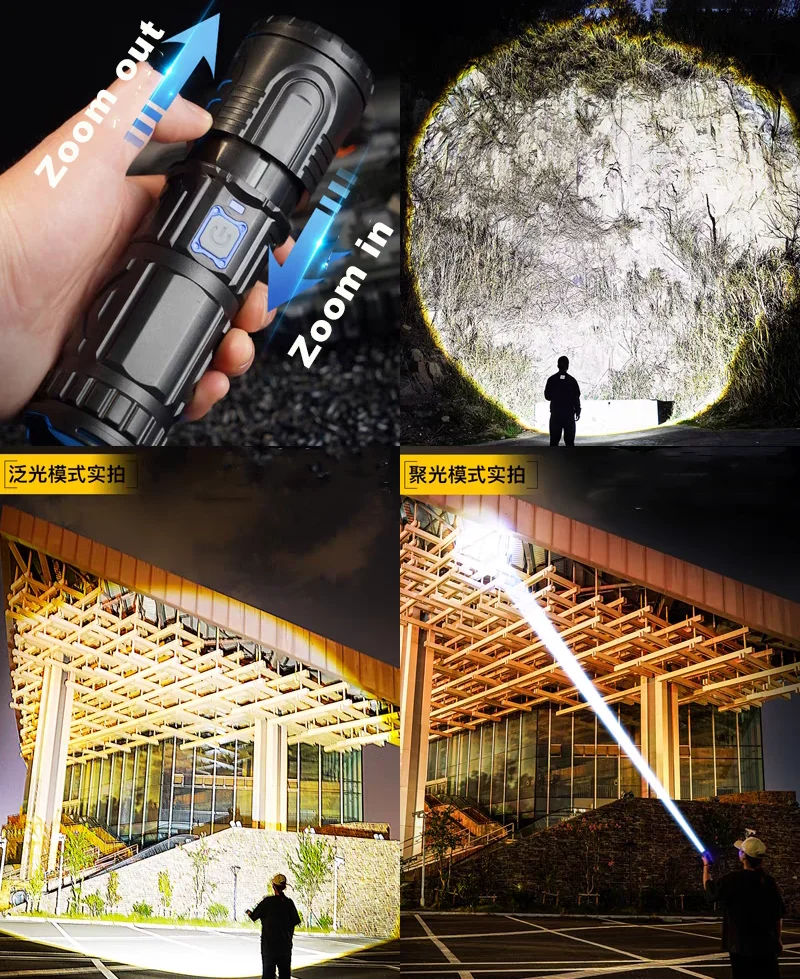 200000LM High Power Led Flashlight Super Bright Spotlight Long Shot LED Torch Built-in Battery USB Charge Portable Camping Torch