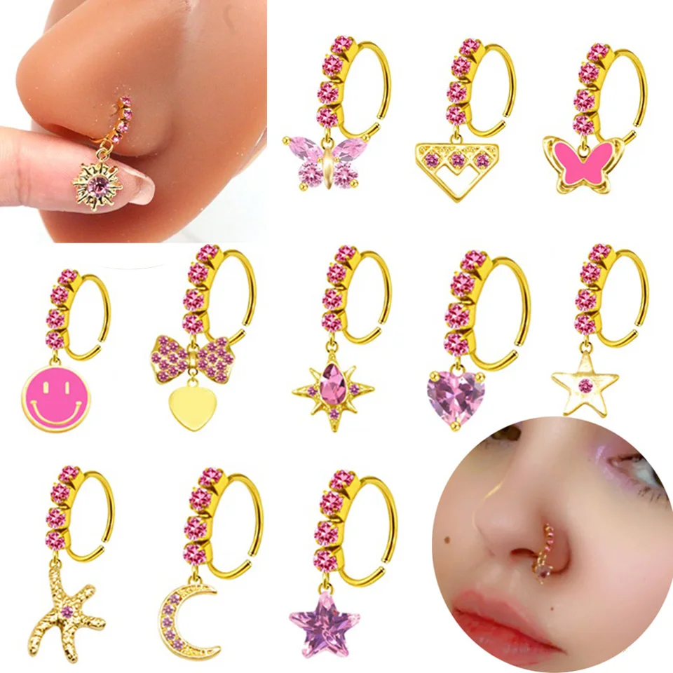 

Nose Piercing Jewelry pink color butterfly Nose rings for Women Stainless Steel nose hoop dangling nose ring piercing jewelry