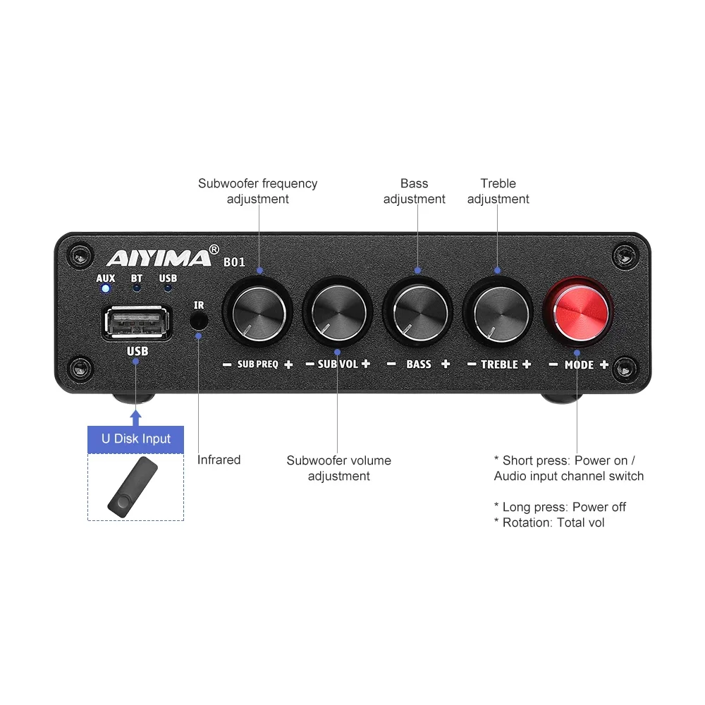Home Theater Channel Power Amplifier Subwoofer Output Bass & Treble Control Audio Amp