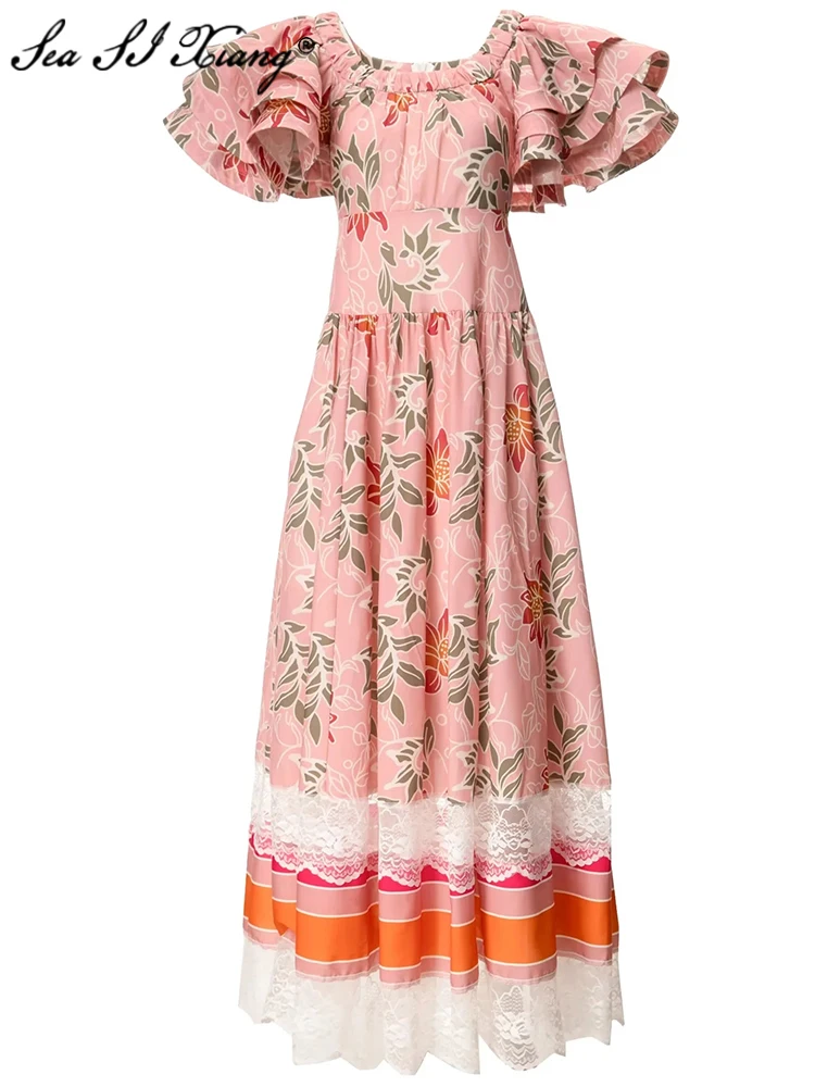 

Seasixiang Fashion Designer Spring Long Dress Women Square Collar Butterfly Sleeve Floral Print Lace Patchwork Vintage Dresses