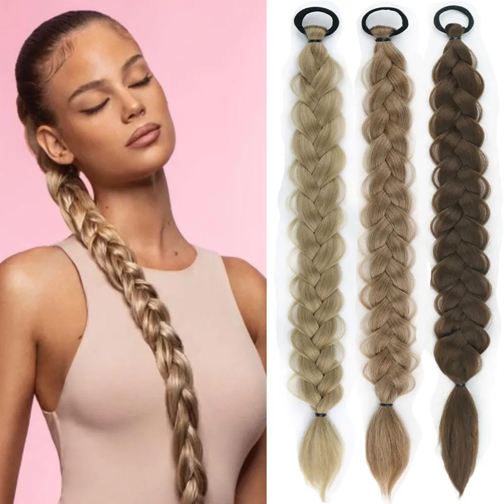 AZQUEEN Synthetic Braided Ponytail Extensions for Women Boxing Braids Ponytail Hair Rope Long Black Hairpiece