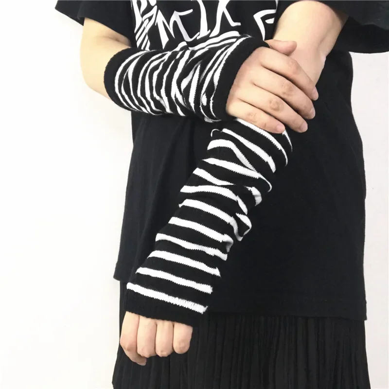 

Winter Warm Long Sleeves Gloves for Man Women Fingerless Stripe Hip-Hop Knitted Elbow Mittens Elastic Outdoor Warmer Arm