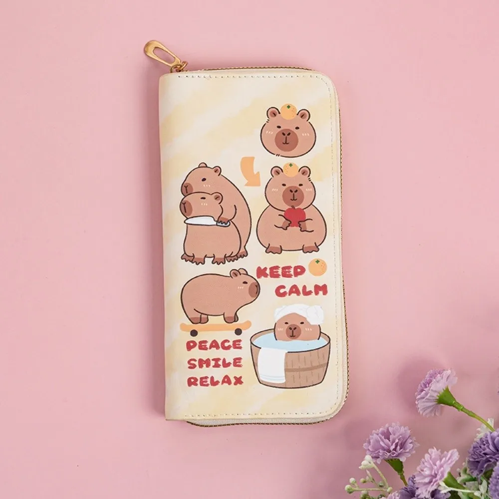 Nueva cartera larga de capibara de dibujos animados, tarjetero de cuero PU impermeable con cremallera, tarjetero multicapa para mujer