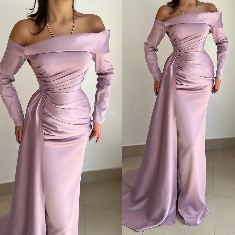 Real Picture Pink Simple Evening Dresses With Boat Neck Sweep Train Satin Prom Party Gowns Formal Full Sleeve Arabic Vestidos