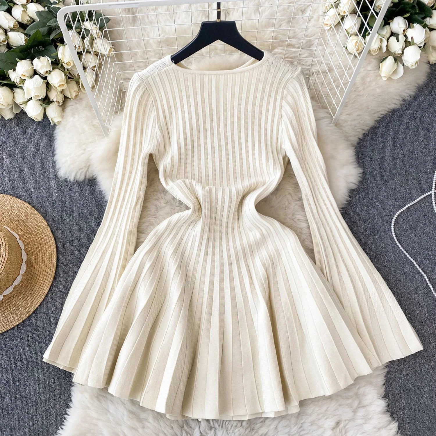 Women Chic Elegant O Neck Long Sleeve Dress French Sexy Fashion Knit Elastic Slim A-line Mini Dress