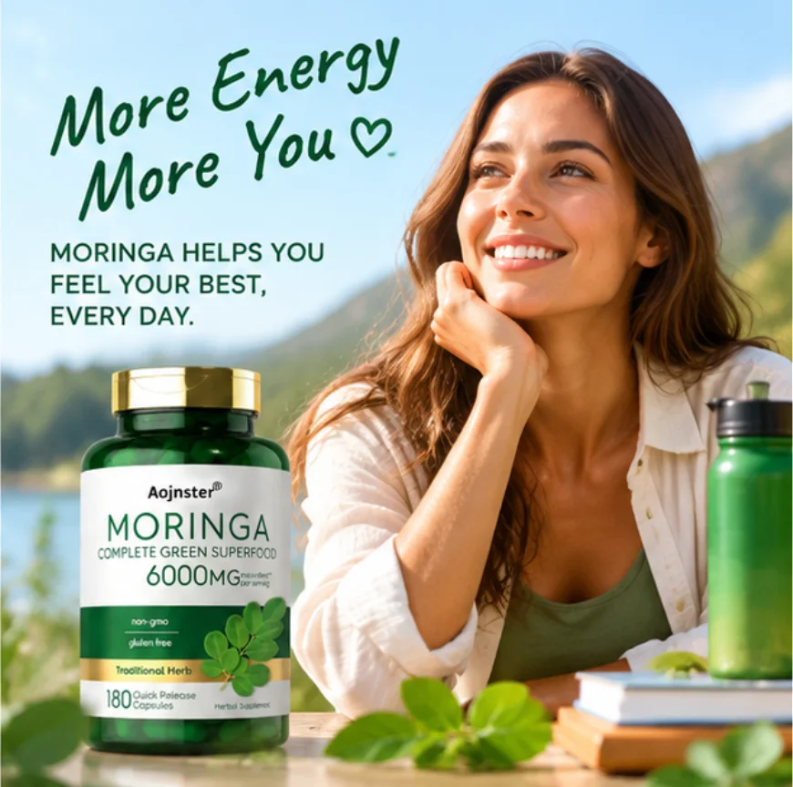 Moringa 6000MG Capsules, 180 Count, Non-GMO Gluten Free Moringa Leaf Supplement, Green Superfood Herbal Supplement