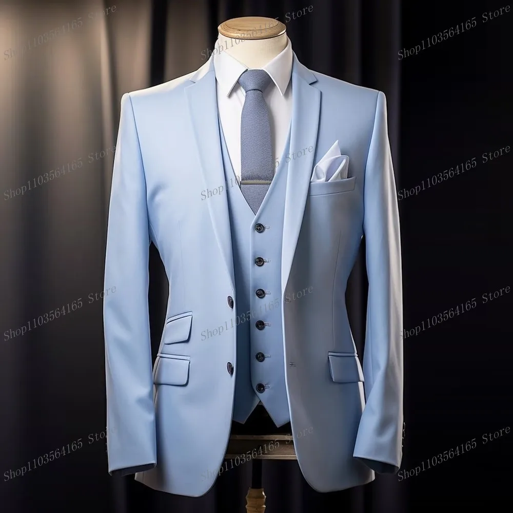 

Sky Blue Men Suits Formal Occasion Groom Groomsman Wedding Party Prom Business Male Tuxedos 3 Piece Set Blazer Vest Pants