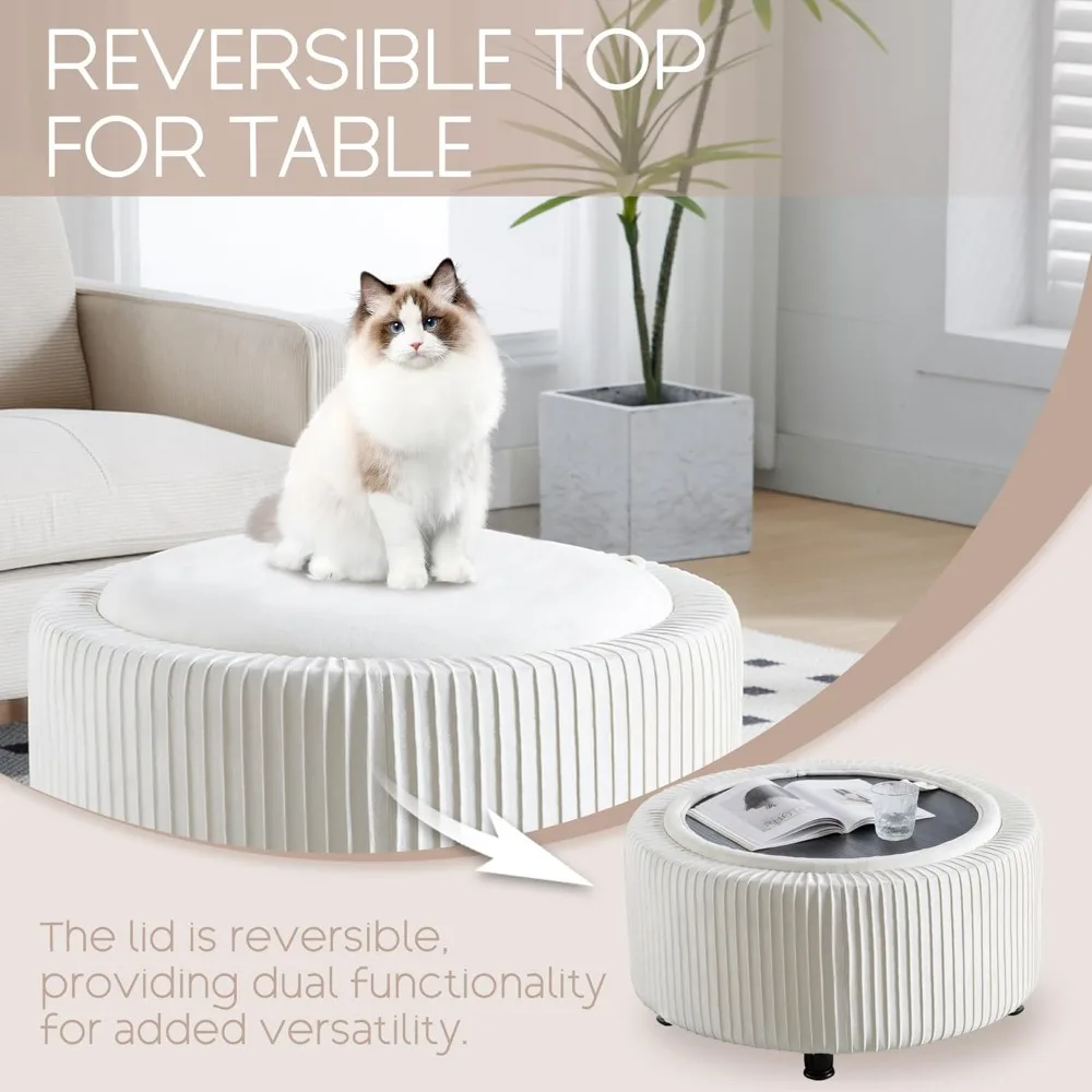 مسند تخزين دائري مخملي مقاس 30 بوصة، طاولة قهوة حديثة ذات ثنيات دائرية مع سطح قابل للإزالة، قدم عثمانية منجدة