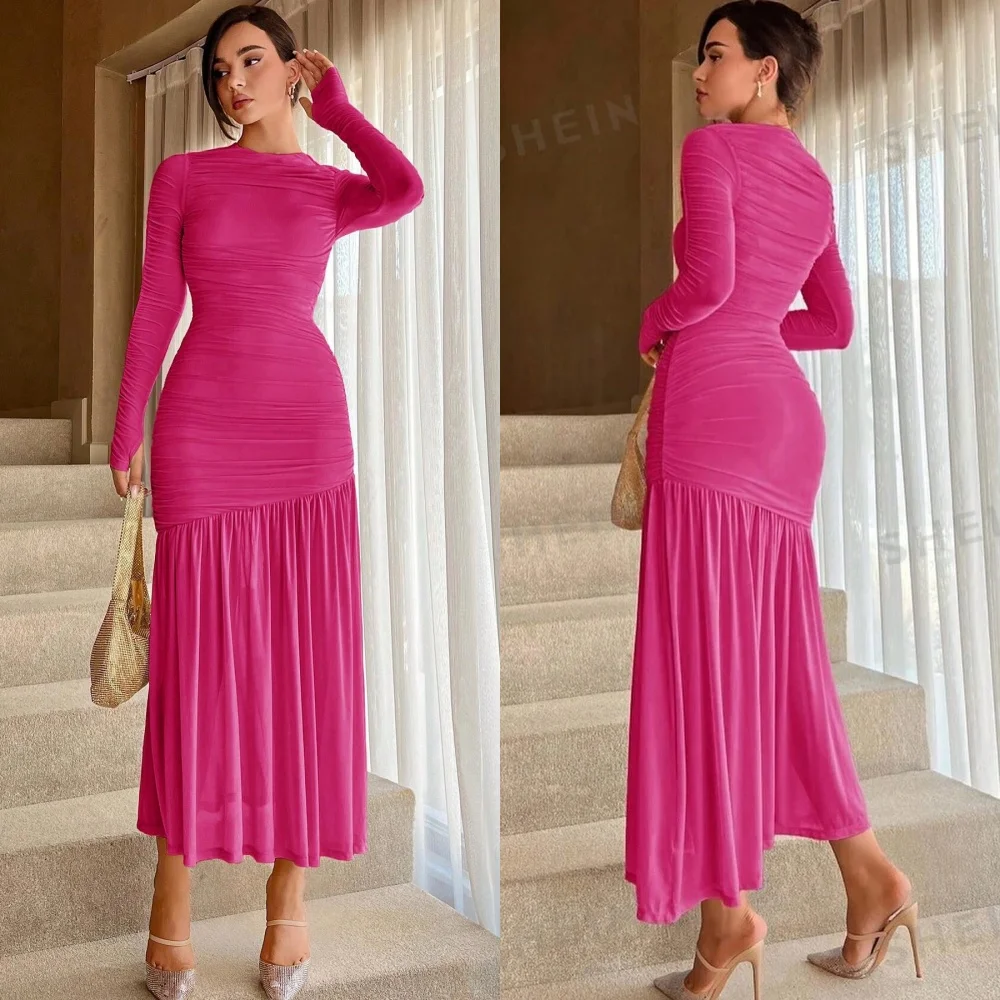 

Customized Jiayigong Sparkle Exquisite Evening Chiffon Draped Pleat Valentine's Day A-line O-Neck Bespoke Occasion Gown Midi Dr