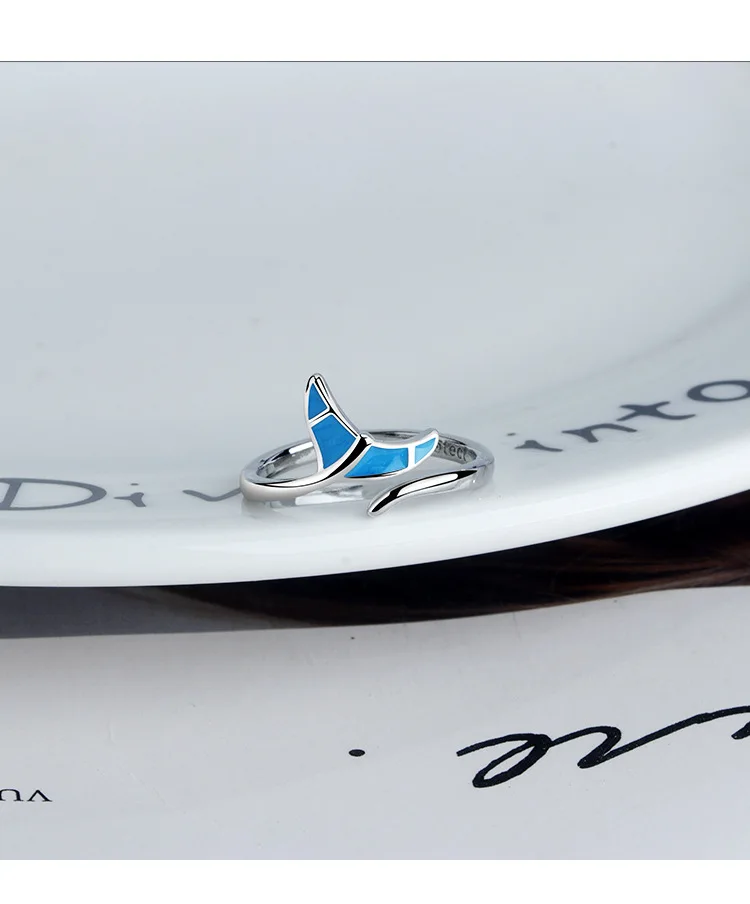 925 Silver Romantic Simple Blue Fishtail Ring with Adjustable Size for Women's Birthday Party Gifts
