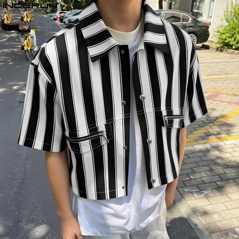 INCERUN Men's Shirt Striped Lapel Short Sleeve Button Casual Menswear Clothing Streetwear Loose 2026 Fashion Crop Tops For Man