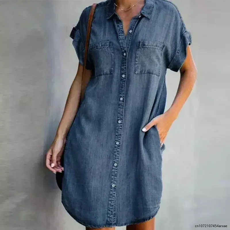 Fashion Style Summer Women Denim Dress Short Sleeves Loose A-Word Dresses s V-neck Solid Denim Dresses Shirt Dress