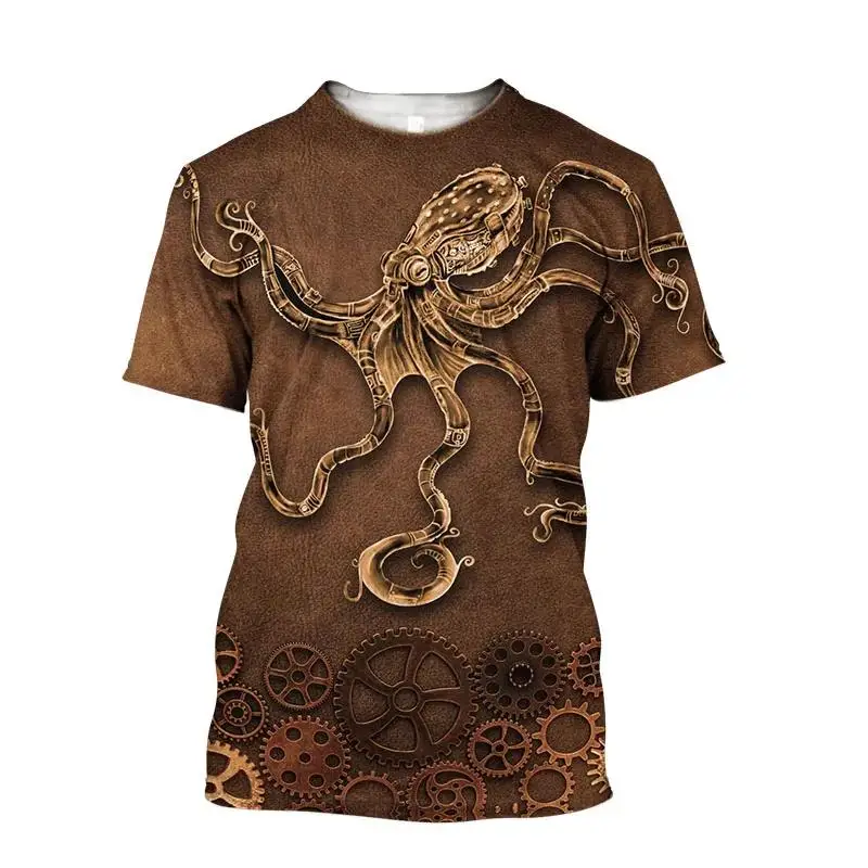 Fashionable Octopus Pictures For Men\'s T-Shirts Trend Digital Printing Casual Round Neck Short Sleeved Tops