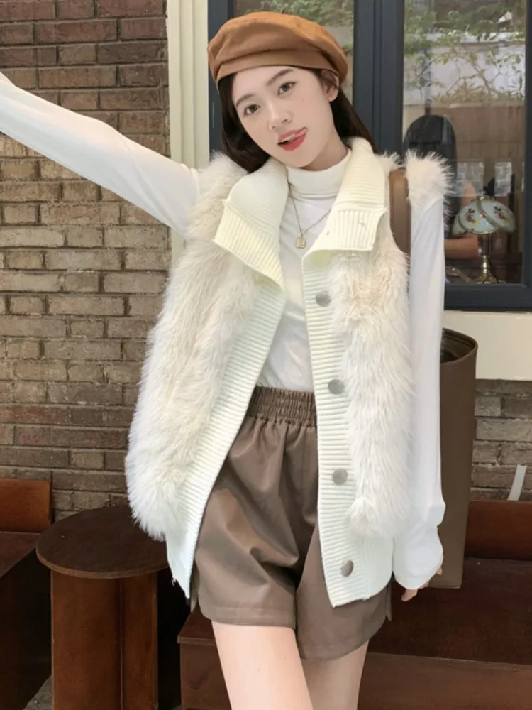 Faux Fur Vest Women's Sleeveless Waistcoat 2023 Autumn Outfits Stand Collar Single Breasted Knitted Furry Jacket Lady Fluffy Top