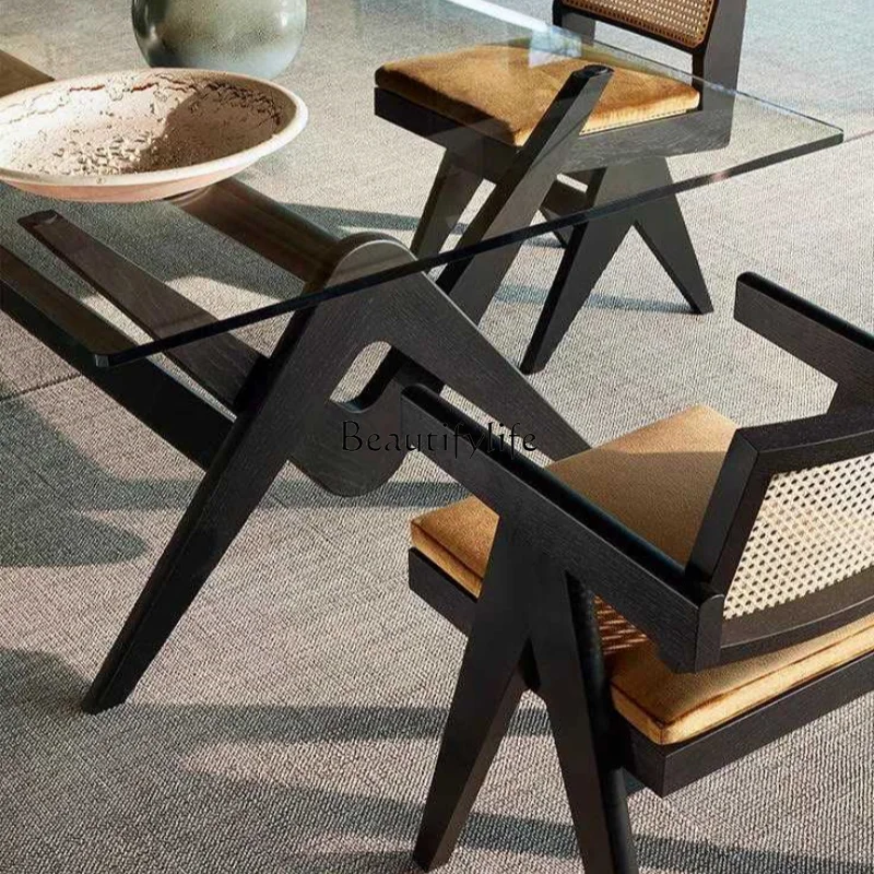 05-Escritório italiano grande mesa de jantar retangular de madeira maciça de vidro plano