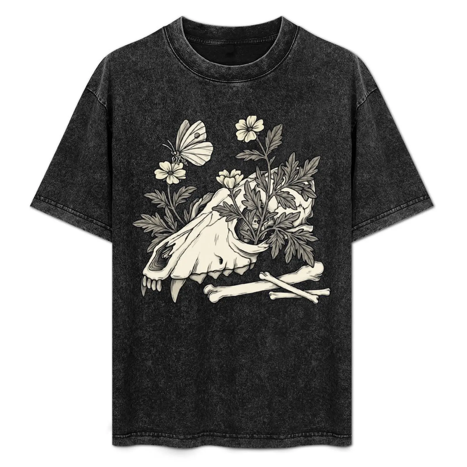 Canine Skull with Bones, Flowers and Butterfly T-Shirt blue archive blanks designer shirts mens graphic t-shirts