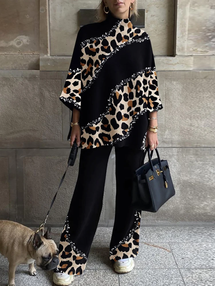 Spring Autumn Women Leopard Print Two Piece Set Casual Female Loose Long Pants Outfits Pullover Tops And Wide Leg Pants New Suit