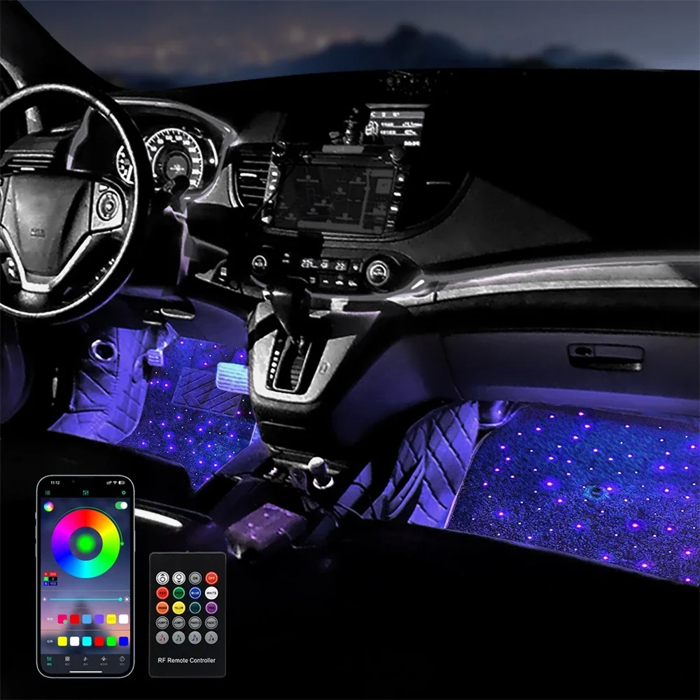 Car Twinkle Star Fiber Optic Floor Mats Waterproof RGB LED Rugs APP Remote Interior Ambient Light Effect Decoration