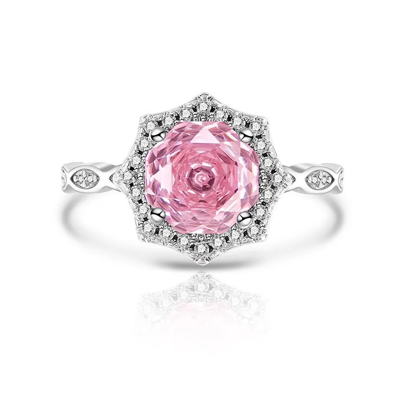 925 Sterling Silver Rose Millennium Cut Zircon Ring with Octagon Sparkling Base for Ladies Valentine's Day Gift