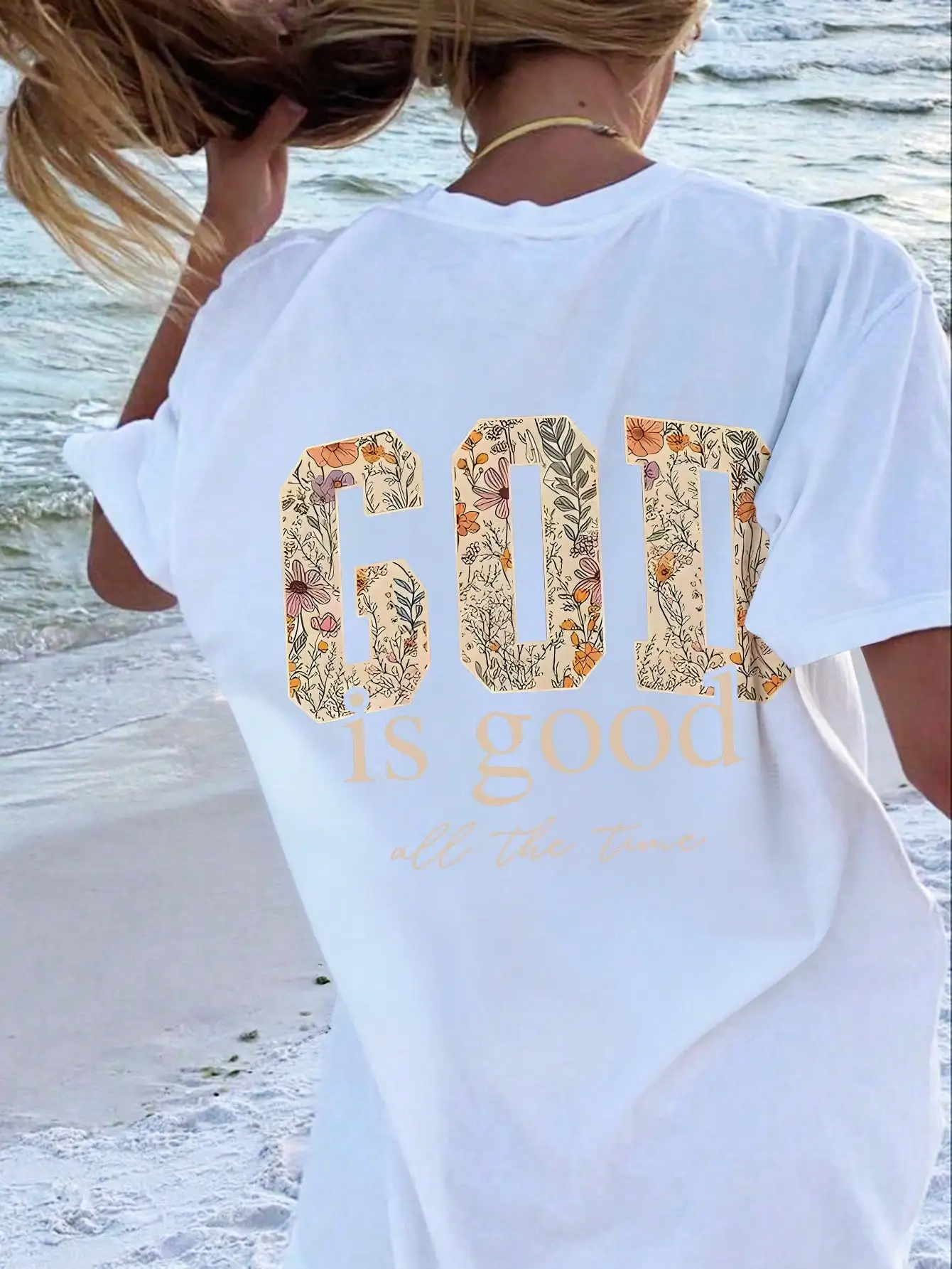 "God's Moments Are All Good" Slogan And Floral Vine Fill Print, Casual Loose Fit T-Shirt, Suitable For Back To School